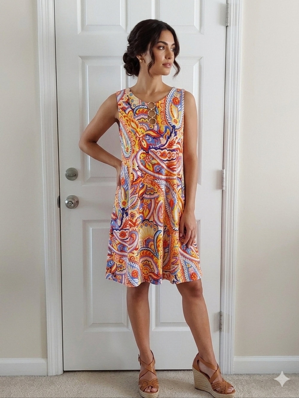 MSK Sleeveless Orange Paisley A-Line‎ Dress
